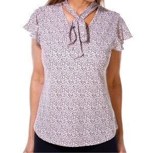 Adrianna Papell women's leopard blouse featuring short flutter sleeves tie-neck